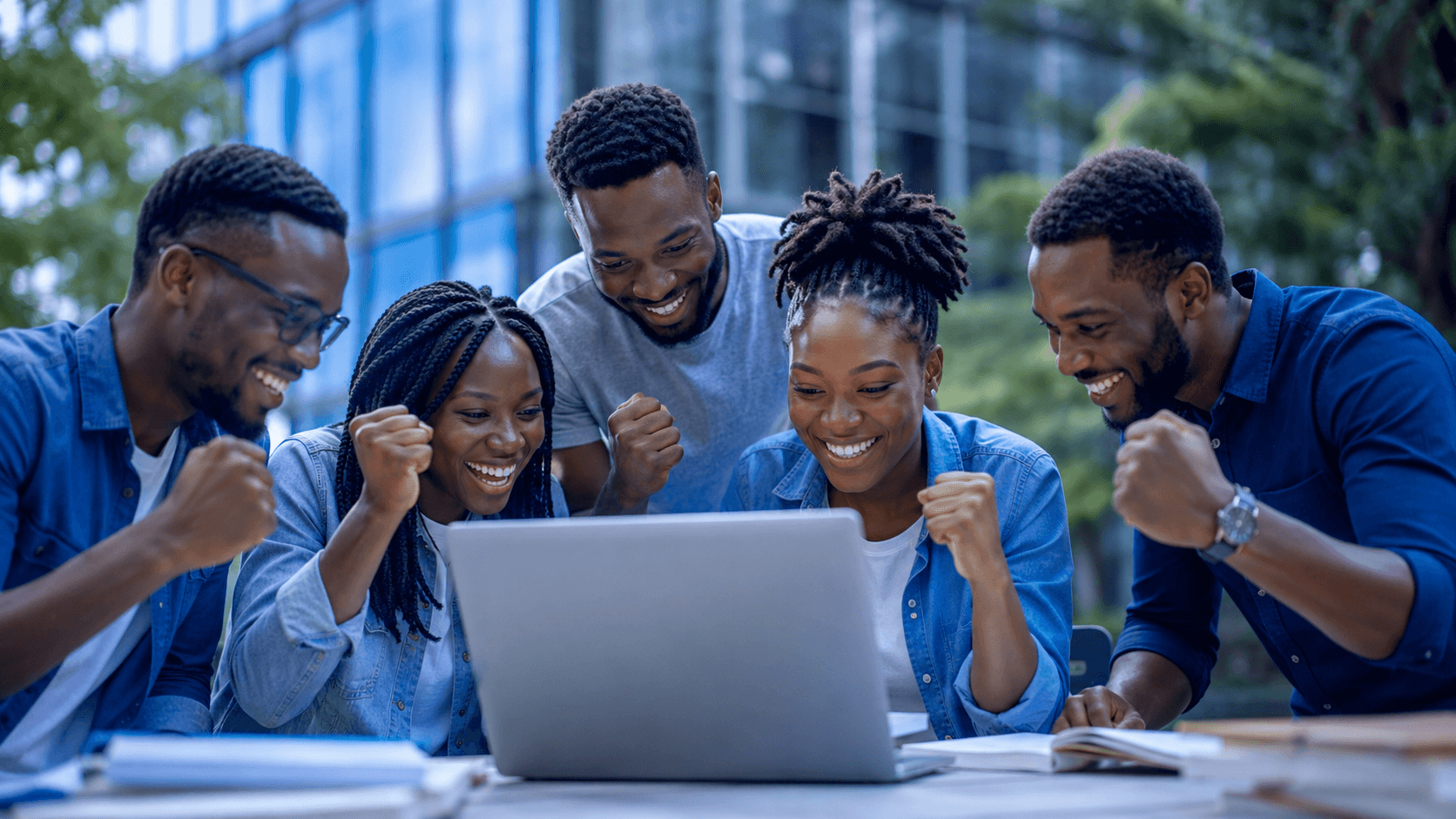 Group of African graduate students celebrating together while reviewing a fully funded PhD scholarship offer on a laptop
