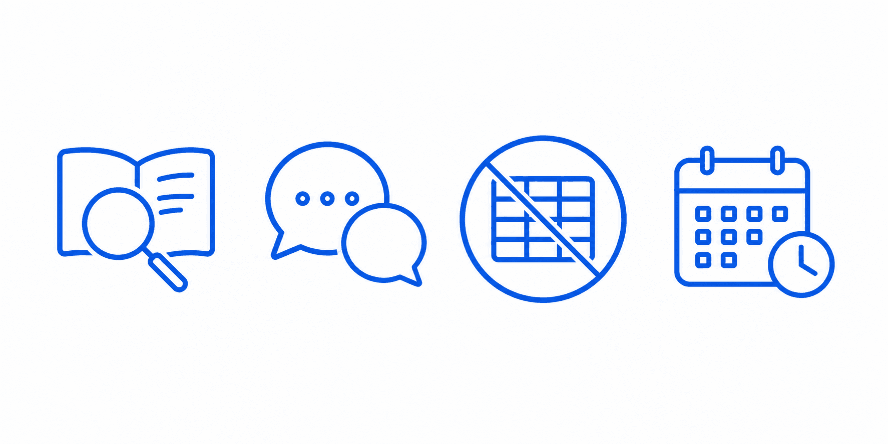 Four icons representing research, asking a student, avoiding spreadsheets, and starting early