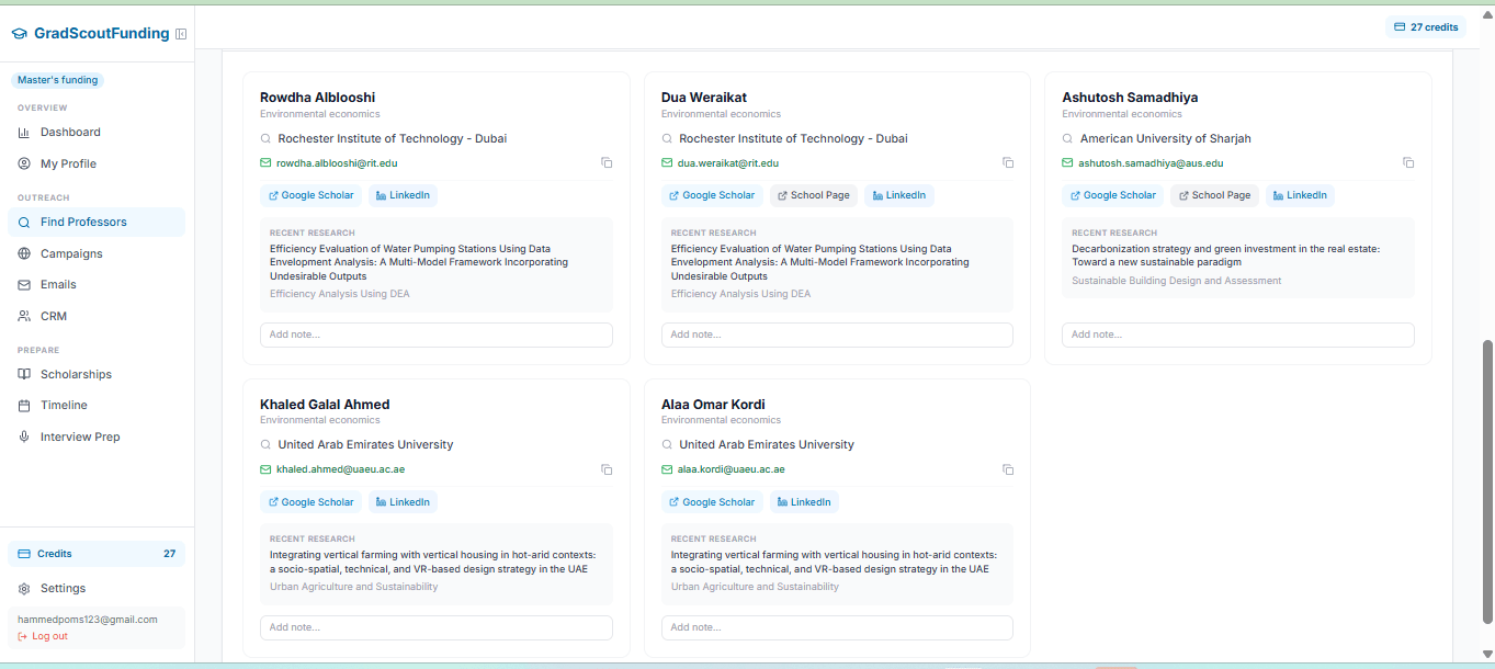 GradScoutFunding professor discovery results: real professors with verified university emails, research links, and recent papers