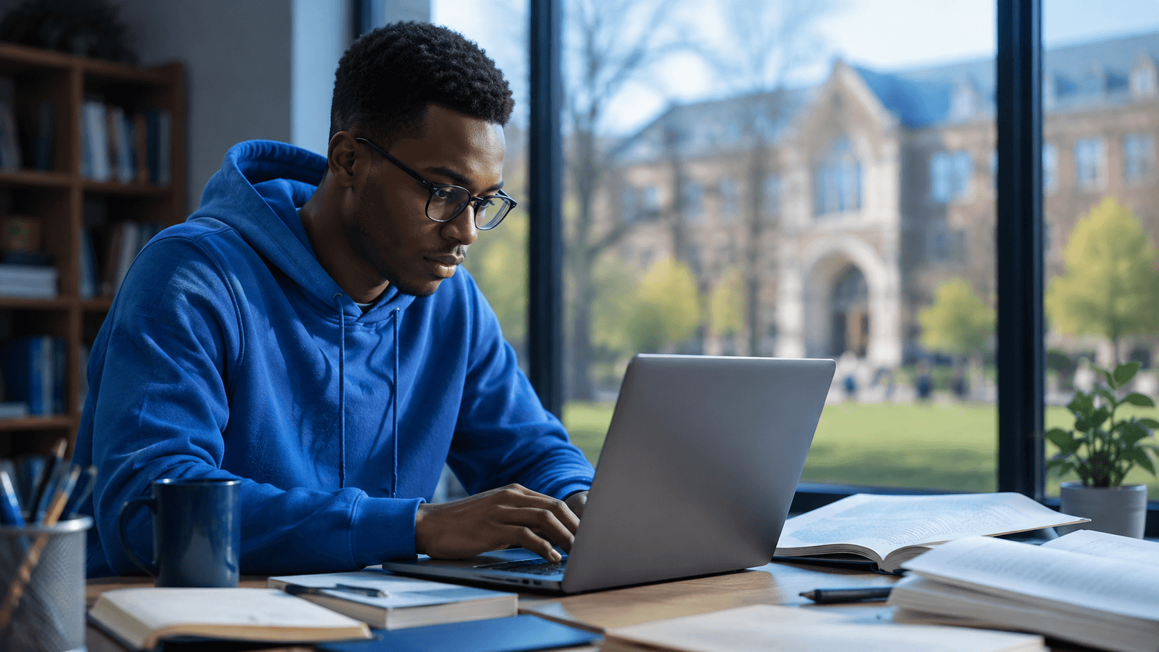 Student researching professors on a laptop to find funded PhD supervisors